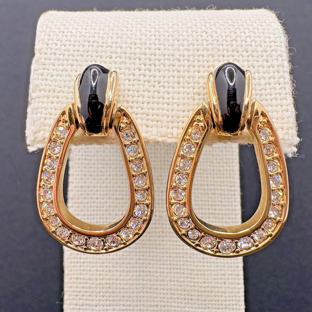 Vintage Swarovski Pavé Crystal Door Knocker Earrings Pierced Swan Signed Enamel